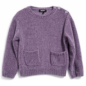 DKNY Girls Chenille Sweater 3T Lavender Purple Cozy Knit Button Shoulder